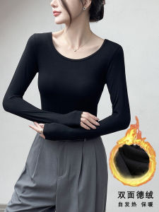 Double-Sided Velvet Bottoming Shirt for Women Fall and Winter Fleece-lined Thick round Neck Long Sleeve Inner Wear Brushed Heattech Tops Modal T-shirt