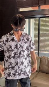 เสื้อเชิ้ตฮาวาย วินเทจ ผ้าไหมอิตาลี เสื้อสงกรานต์ เสื้อลายดอก สงกรานต์ เล่นน้ำ ทะเล F57