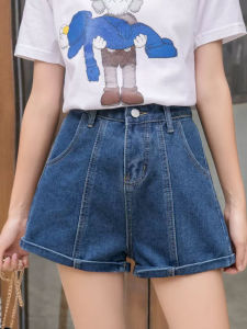 High Waist Wide Leg A-Line Mini Shorts Womens Summer Denim Shorts Retro Hole Design Visual Heightening Small Waist Size