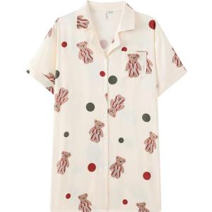 MiiOW | ชุดนอนผู้หญิงแขนสั้นผ้าไหมน้ำแข็งฤดูร้อน 2025 ชุดนอนสไตล์เกาหลี ผ้าฝ้ายผสมโพลีเอสเตอร์ 5% ผ้ายืด ลายพิมพ์ ชุดอยู่บ้าน