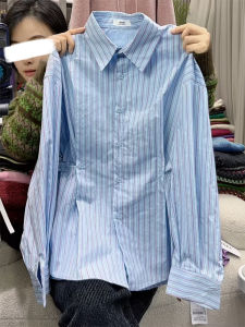 QINGNAER | Professional Commuting Style Big Size Light Blue Striped Tailored Collar Shirt
