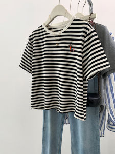 YIFENGXIN | Black and White Striped Embroidered Boatneck Tshirt Short Sleeves