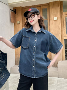 Retro Blue Denim Shirt Womens Summer New Loose Short Sleeve Hong Kong Style Design Casual Top Versatile Loose Fit Shirt