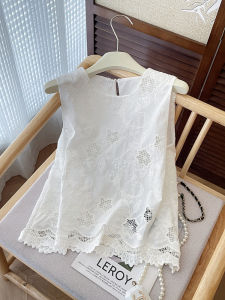 PAIBOLI | French Heavy Embroidery Sleeveless Vest Women Summer Outdoor Design Sense Lace Trim Shirt Top Round Neck Loose Fit Solid Color