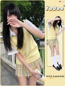 เสื้อกั๊กถักแขนกุดคอวีสไตล์ญี่ปุ่นสำหรับผู้หญิง เสื้อสเวตเตอร์คอวีแขนกุดแบบสวมหัว ชุดนักเรียนสไตล์ญี่ปุ่น ชุดนักเรียน