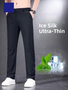 ROMON | Lormen Ice Silk Mens Casual Pants Straight Leg Thin Summer Business Suit Black Quick Dry Long Trousers Fashionable Urban Style