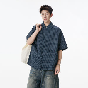 BWKA | Japanese Retro Check Short Sleeve Shirt Pure Cotton Drawstring