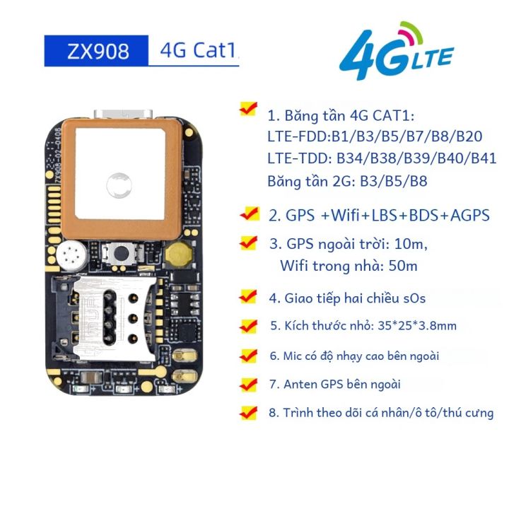 Thiết Bị Định Vị GPS Mini 4G ZX908 CAT1, Mạch PCB, Wifi Không Dây, Định ...