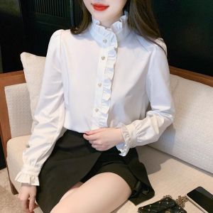 Fashionable French Style Long Sleeve Shirt Spring Autumn New Arrival Elegant Pleated Edge Court Style Top Womens Polyester Bubble Sleeve Shirt