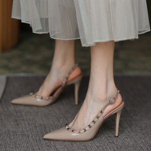Elegant Nail Head Thin Heel Sandals 2025 New Summer Nude Color Buckle Pointed Toe High Heels Unique Design Fashionable Women Shoes