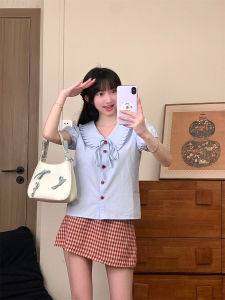 Fresh Style Bow Tie V Neck Puffy Sleeve T Shirt Women Design Sense Wooden Edge Flip Collar Short Sleeve Heart Button Short Shirt