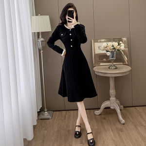 Spring Autumn Hepburn Style Long Sleeve Knitted Dress French Womens Fashion Slimming Dress Midi Black Dress Lantern Sleeve