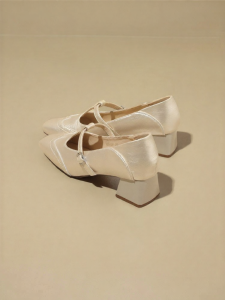 Josiny | French Mary Jane Shoes Coarse Heel Slip-On Beige