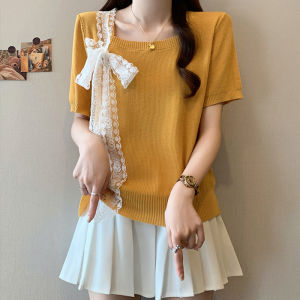 Lace Tie Shoulder Short Sleeve T-Shirt Women Summer plus Size Belly Cover Slimming Unique Beautiful Top Korean Style Loose Fit