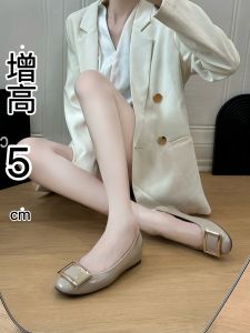 Elevated 5cm Classic Buckle Grey Painted Leather Womens Shoes Slip-On Fashionable Work Commute Bean Bean Shoes Korean Style