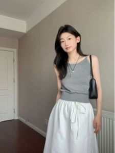 Pure Desire Knitted Neck Hanging Strap Vest Womens Summer French Style Short Waist-Cinching Sleeveless Top Thin