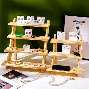 Ladder Style Wooden Storage Rack Earring Display Stands Mini Figure Holders Shelf Makeup Organizer Flowers Plants Storage Shelf