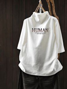 Pure Cotton Loose Elegant T-shirt Summer Versatile Half-High Collar Half Sleeve Womens Clothing Casual Fashion Fashionable Korean Style Tops