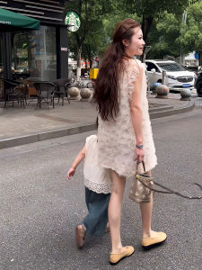 French Style Floral Lace Puffy Sleeve Dress Women Summer New Arrival Popular Vest Style Loose Waist Thin Material round Neck