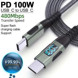 LAIHONEN 1PC/2PCS PD 100W USB-C to C Cable LED Display Nylon Braided 480Mbps Fast Charge For IPhone15 Pro Max Galaxy iPad Pro