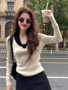 French Color Blocking V-Neck Long Sleeve Knit Blouse