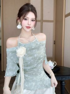 GUZILIAN | Áo thun hở vai họa tiết hoa ngọt ngào kiểu Pháp mùa hè thời trang nửa tay áo thường ngày đa năng cho mọi người