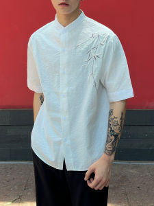 New Chinese Style Bamboo Embroidery Short Sleeve Loose Fit Mens Shirt Summer Casual White Half Sleeve Outerwear