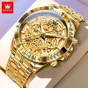 OLEVS chronograph gold watch for men waterproof multifunctional stainless steel hollow sports watch