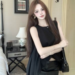 GUZILIAN | Elegant French Vintage Summer Loose Doll Shirt Womens Asymmetric Tailor Vest Top Trendy Korean Style Round Neck Sleeveless