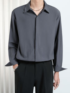 เสื้อเชิ้ตแขนยาวหลวมๆ ลำลองสำหรับผู้ชาย ฤดูใบไม้ผลิและฤดูใบไม้ร่วง ไม่ต้องรีด ผ้าฝ้ายผสมโพลีเอสเตอร์ ปกโปโล ปกติ