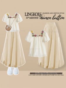 NUMEN BUTTON | Plus Size Minimalist Summer Stylish Retro Embroidered 2pcs Set