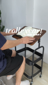Flip Top Trolley Cart 3 Tier Rolling Cart Storage Trolley Wood Top with Guard Rail Metal Basket Organizer with Wheels