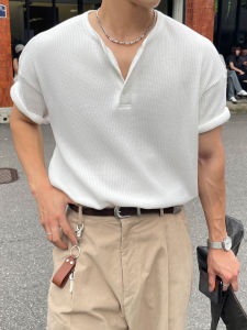 Ssumenam | Luxury Casual Henry Neck White Loose Short Sleeve T-Shirts for Men Summer