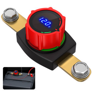 Side Post Battery Disconnect Switch 12V-48V with LED Voltmeter Display DC 5-60V Battery Kill Switch Marine Cut Off Switch