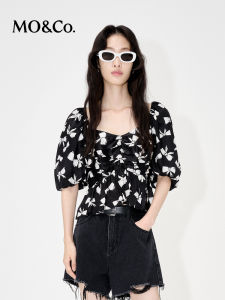 MoCo Butterfly Knot Print Pleated Backless Bubble Sleeve Short Top Design Sensation Niche French Romantic Fashion Womens Shirt