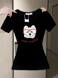 Slim Fit Short Sleeve V-Neck Cotton T-Shirt Womens Black Summer Fashionable Printed Korean Style Commute Youth Letter Top