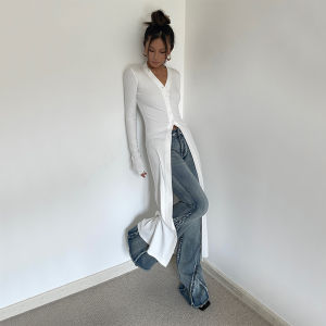 เสื้อคาร์ดิแกนถักยาวปานกลางสำหรับผู้หญิง ฤดูใบไม้ร่วงปี 2024 เสื้อคลุมยาวถึงเข่า ทรงสลิมฟิต แขนยาว ปกติ