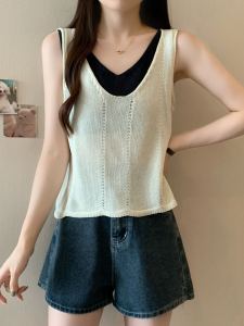 Stylish Fake Two-Piece V-neck Knitting Camisole Womens Summer Outer Wear Inner Wear Small Western Style Sleeveless Tops