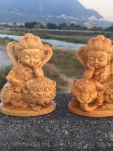 New Classical Style Yarbuer Yellow Elm Wood Carving Manjushri And Samantabhadra Buddha Figurines Solid Wood Sculpture Home Decor