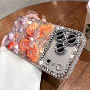 Original Orange Butterfly Glitter Clear Phone Case for iPhone 17 16 15 14 13 Pro Max Rhinestones Diamond Lens Film Frame Cover