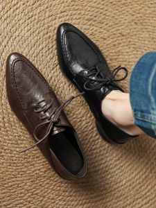 Euchetti Womens Leather Strap Pointed Toe Flats Deep Mouth Medium Heel Thick Heel Fashionable Casual Shoes Spring 2025