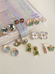 Elegant Vintage Enamel Painted Flower Stud Earrings for Women Silver Needle Chinese Style Oil Painting Feeling Fashion Jewelry