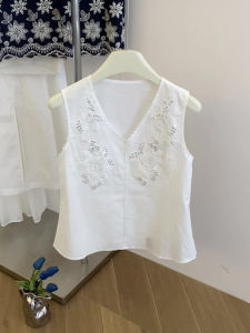 PAIBOLI | White Heavy Embroidery Beaded V-neck Linen Sleeveless Top Women Summer New Style High-end Large Size Vest Straight Cut High Waist