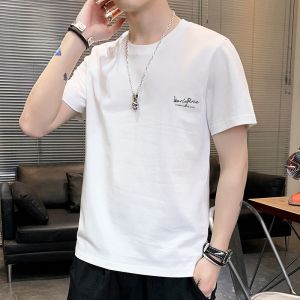 ROMON | Lormen Mens Pure Cotton Short Sleeve T-shirt Summer Thin Print Round Neck Ice Silk Casual Large Size Mens Wear Top