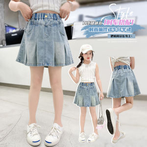 Girls Summer Thin Denim Mini Skirt Pleated Half-length Fashionable Casual Style Age 4-14 B-Class Safety Standard Short Skirt