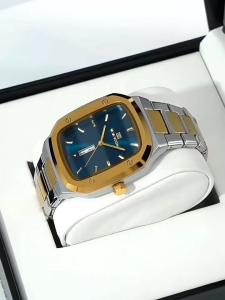 New Men Watch Fashion Square Stainless Steel Strap 3Bar Quartz Week Calendar Simulated Business Sports WristWatch Gift