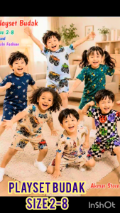 SET BAJU BUDAK LELAKI PLAYSET BUDAK PEREMPUAN SET SINGLET BUDAK  SAIZ 2-8 BOYS T SHIRT SETS SELUAR PENDEK BUDAK