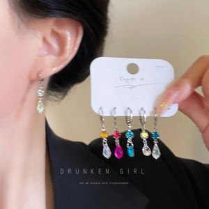 Ultra-Shiny Zircon Drop Earrings Six-Piece Set Colorful Stones Waterdrop Pendant Dangle Earrings Fashionable Korean Style Womens Jewelry