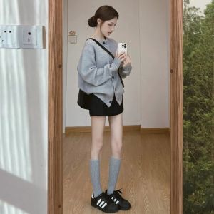 Gray Knitted Sweater Womens Loose Long Sleeve Autumn New Style Fashion Slimming Top Korean Style Regular Fit Dyed Long Sleeve