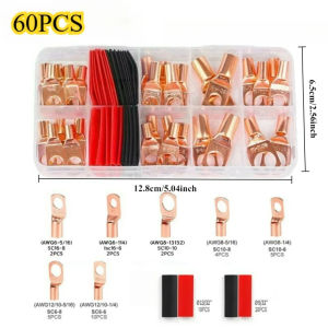 60/100/220pcs Copper Terminal Connectors AWG 4 6 8 10 12 Ring Lug Kit With Shrink Tubing 50 Battery Cable Lugs With Shrink